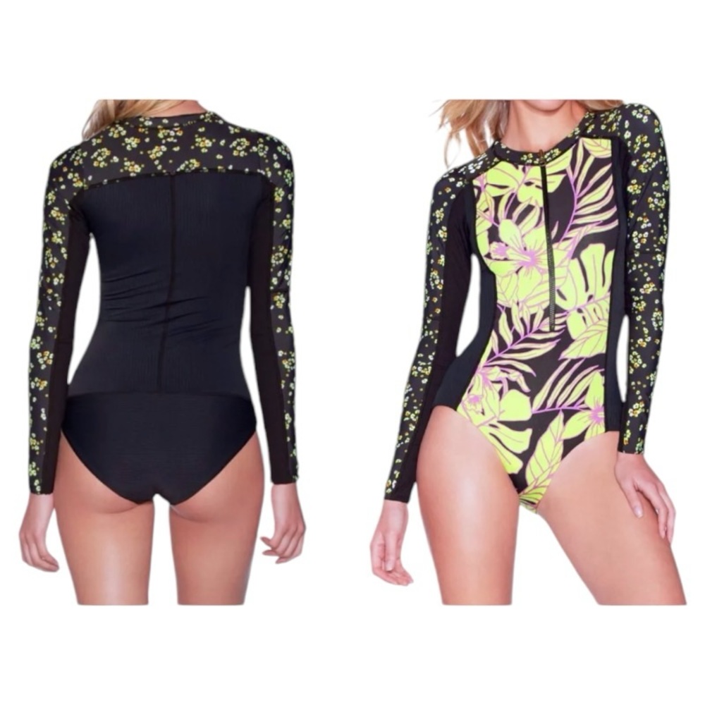 Maaji Tropical Bloom Swimsuit Rash Guard Large Reversible Runs Small SPF 50 NWT